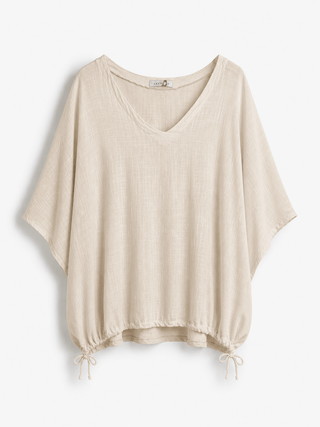 Shirt in Leinen Optik in Beige mit Tunnelzug seitlich am Saum