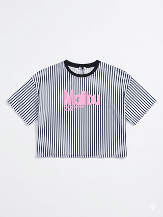 gestreifte T-Shirt in Dunkelblau-Weiss vor mit Schaumprint in Rosa