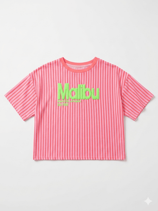 gestreifte T-Shirt in Pink-Rosa vor mit Schaumprint in Neongrün