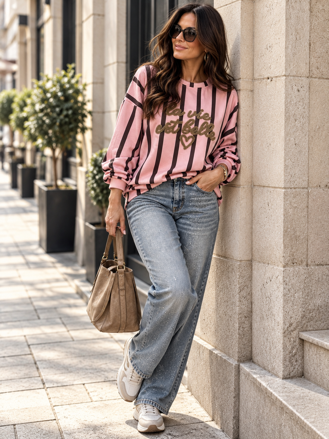 Sweater in Braun/Rosa mit Frottee-Print für Damen in Einheitsgröße 36-42 - Levelone GmbH & Co. KG