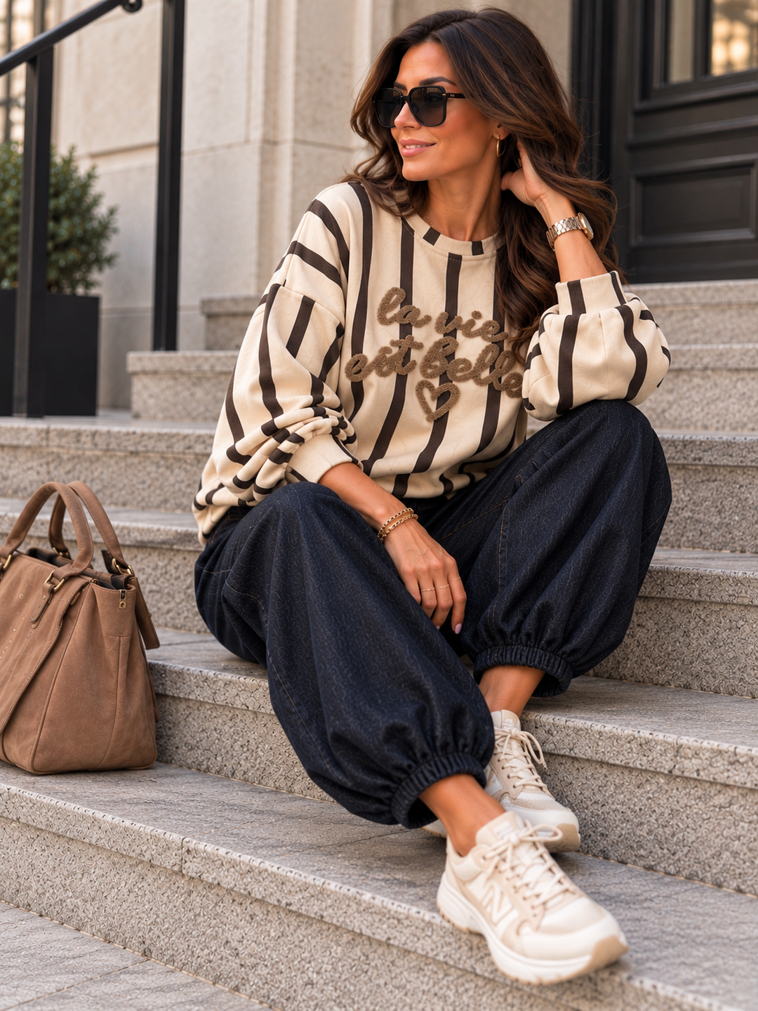 Sweater in Braun/Beige mit Frottee-Print für Damen in Einheitsgröße 36-42 - Levelone GmbH & Co. KG