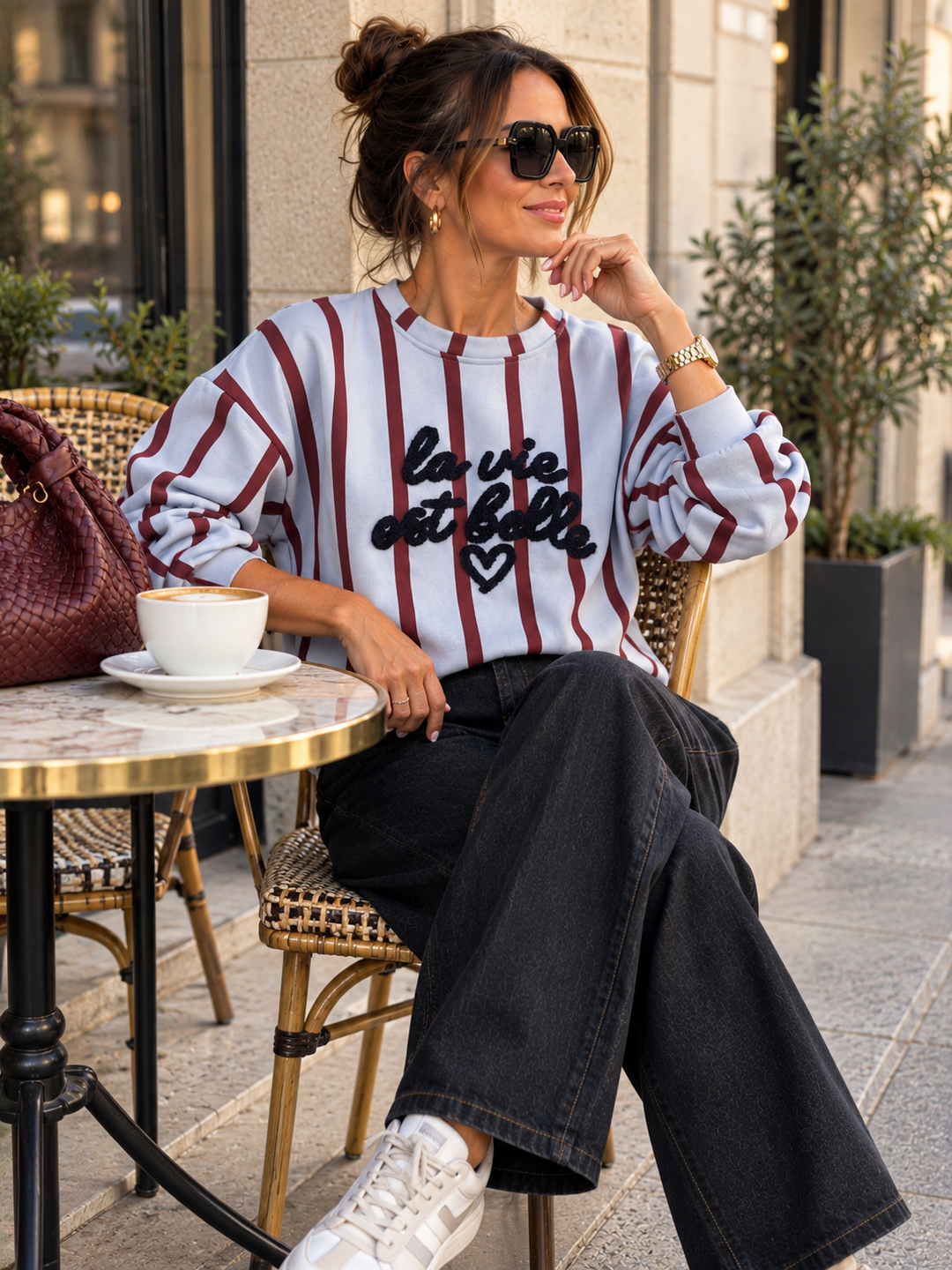 Sweater in Bordeaux/Blau mit Frottee-Print für Damen in Einheitsgröße 36-42 - Levelone GmbH & Co. KG