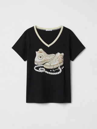 T-Shirt in Schwarz mit Print und glänzenden Strasssteinen