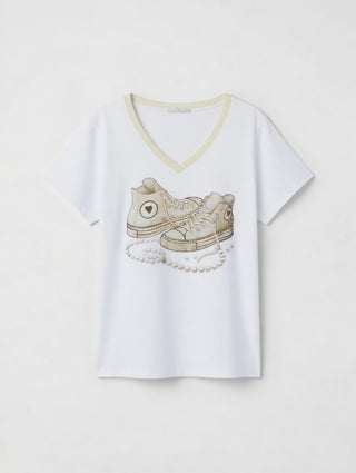 T-Shirt in Weiss mit Print und glänzenden Strasssteinen
