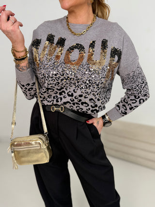 LEVELONE Strickpullover Grau mit Pailletten