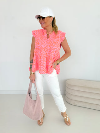 Musselin Bluse Leo in Flieder-Neonorange Onesize 36-42