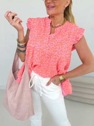 Musselin Bluse Leo in Flieder-Neonorange Onesize 36-42