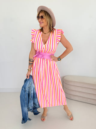 Musselin Kleid-gestreift-pink-weiss-neonroange-damen-levelone