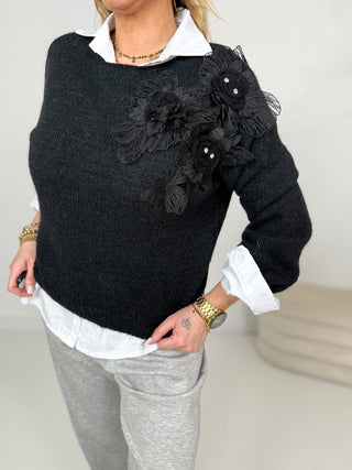 Strickpullover-schwarz-rosen-tüll-strass-damen-levelone