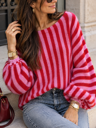 Strickpullover gestreift in Flieder-Rot für Damen in Einheitsgröße 36-42 - Levelone GmbH & Co. KG