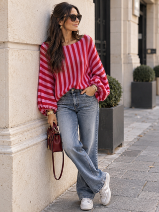 Strickpullover gestreift in Flieder-Rot für Damen in Einheitsgröße 36-42 - Levelone GmbH & Co. KG