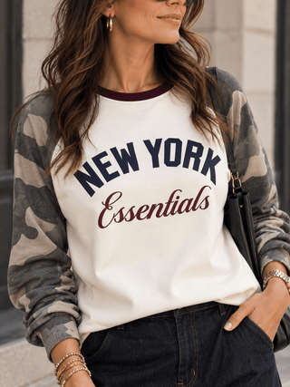 Langarmshirt gestreift in Creme-Grün, Rundhalsausschnitt und vorne mit NAMASTE Print für Damen - Levelone GmbH & Co. KG