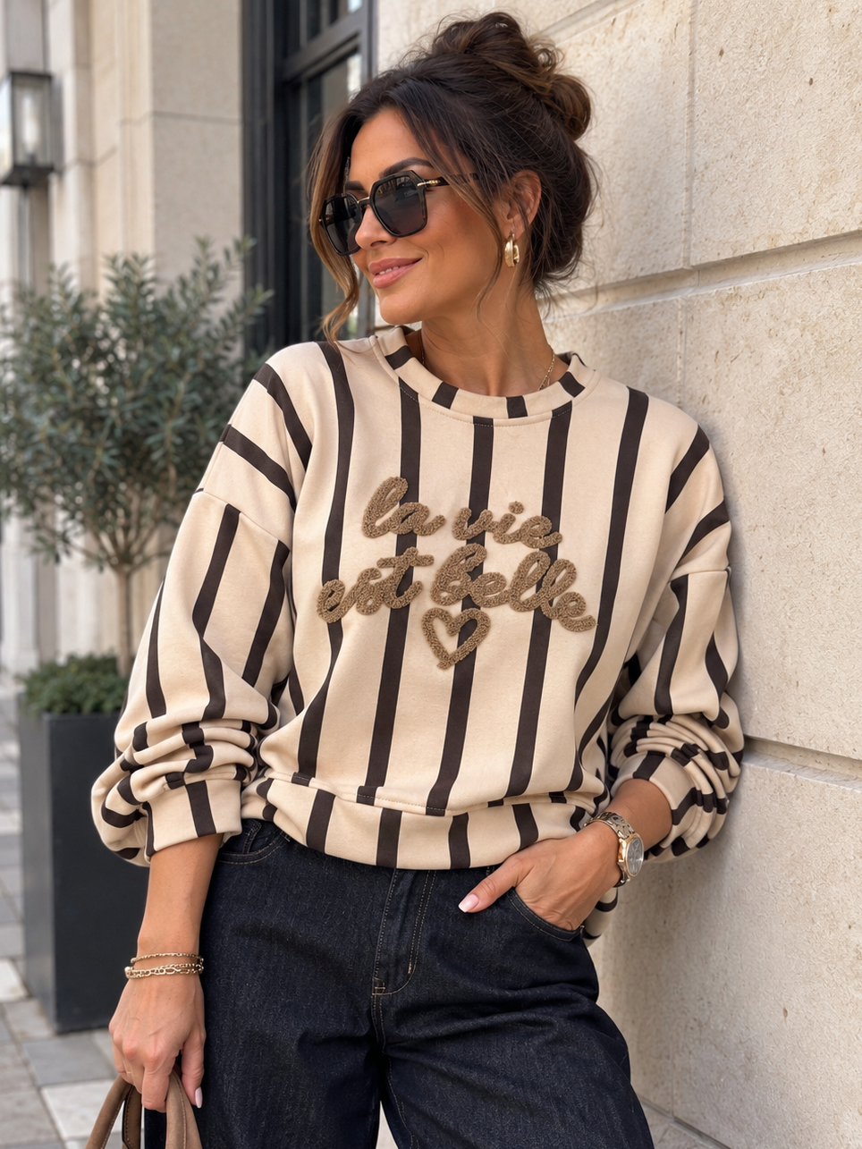 Sweater in Braun/Beige mit Frottee-Print für Damen in Einheitsgröße 36-42 - Levelone GmbH & Co. KG