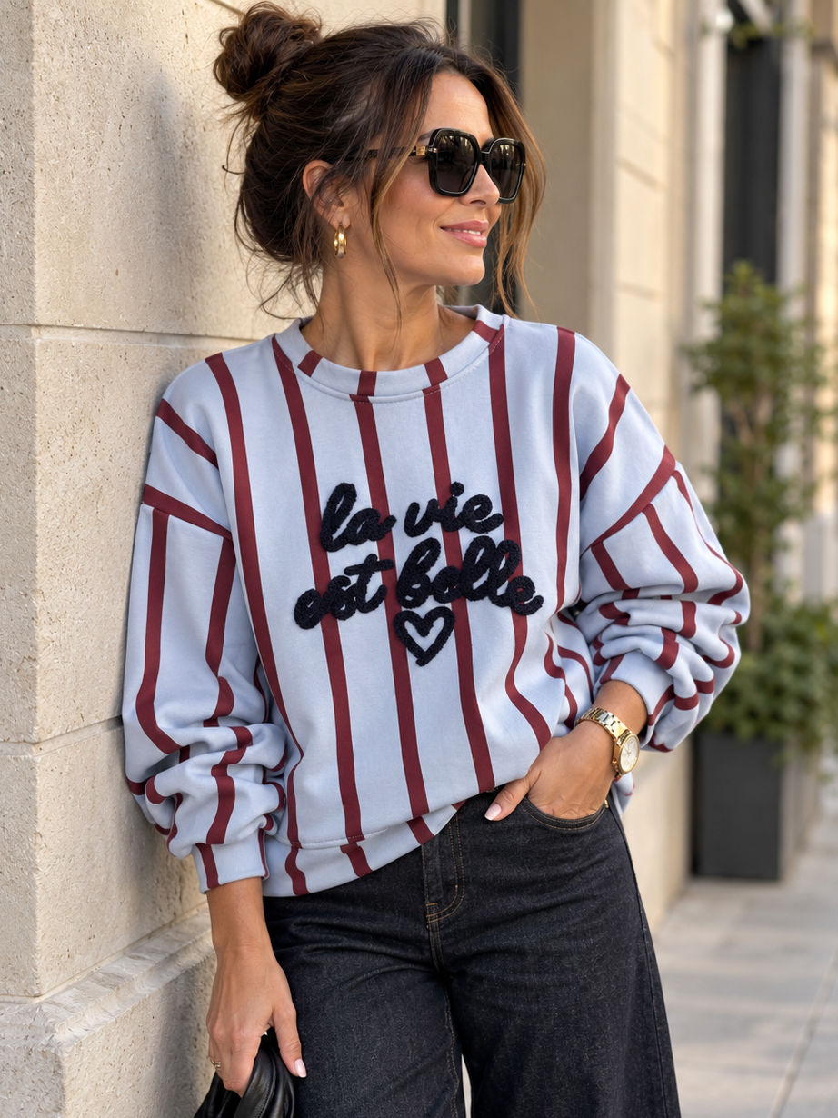 Sweater in Bordeaux/Blau mit Frottee-Print für Damen in Einheitsgröße 36-42 - Levelone GmbH & Co. KG